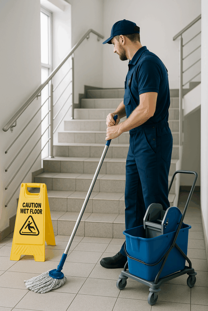 Trappevask udføres i en trappeopgang i Aalborg af rengøringsmedarbejder med moppe og spand